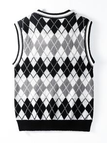 Manfinity Homme Men's Plus Size Diamond Grid Casual Daily Wear Knitted Vest,Fall/Winter Unisex Style, Couple Outfit, Best Holiday Gift - Black and White - View 2