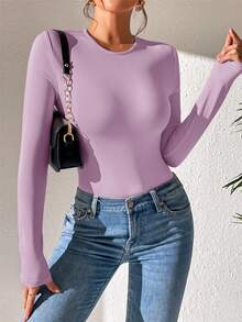 SHEIN PETITE 素色修身春季女款連身衣 - 淡紫色 - 查看 4