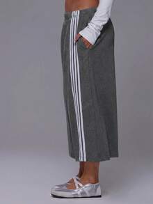 Musera Sport 4 Stripe Elasticated Waist Wide Leg Sweat Jogger Capri Pants Jorts Coord Bottoms - Dark Grey - View 3