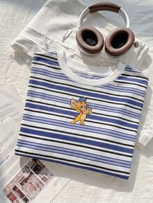 TOM & JERRY X SHEIN SHEIN EZwear 大尺碼休閒條紋卡通印花圓領短袖短版T恤，適合夏季外出 - 彩色 - 查看 4