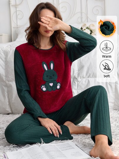 SHEIN Women Cute Bunny Appliqu Plush Panel Ribbed Long Sleeve Top And Matching Pants 2 Pieces Casual Pajama Set
