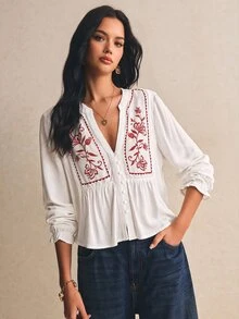 Poéselle Kemeja Motif Bunga Liburan Vintage Prancis - Red and White - View 7