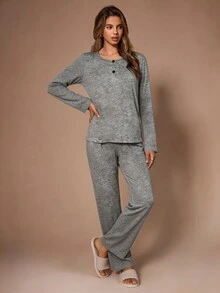 SHEIN Women's Casual Knit Henley Neck Loungewear Pajama Set - Grey - View 4
