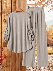 Rusticease Women's Autumn Casual Striped Shirt And Pants 2 Pieces Set - Khaki - View 2