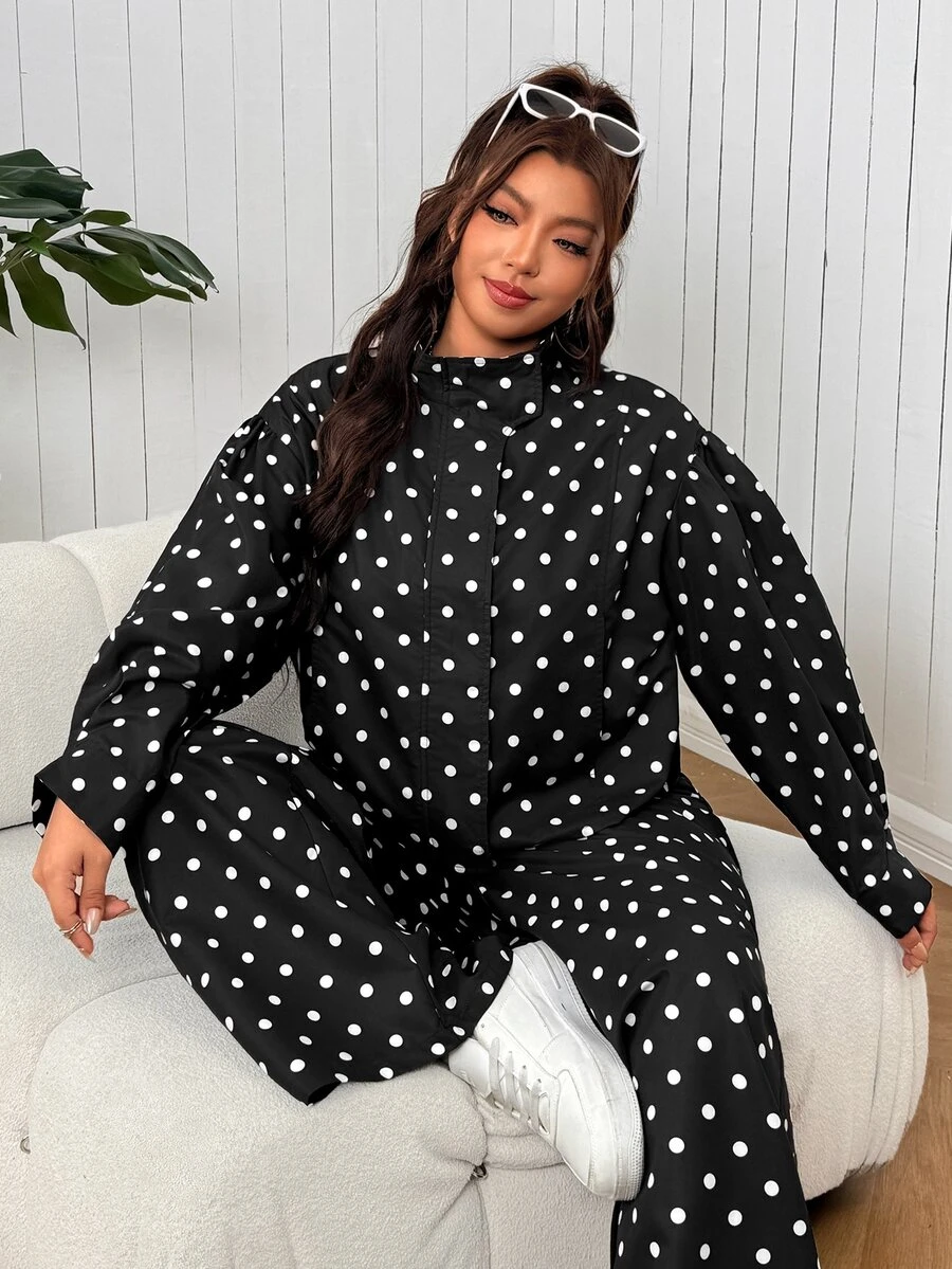 SHEIN EZwear Setelan 2 Potong Jaket & Celana Motif Polkadot Kasual Musim Gugur Ukuran Besar untuk Kostum Halloween Musim Gugur - Hitam - View 1