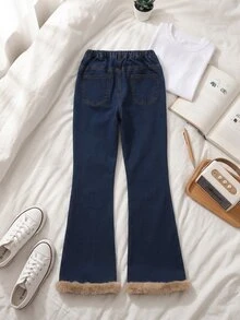SHEIN TWEEN GIRLS 青少年女孩牛仔褲，復古水洗色，街頭時尚，水洗磨損破洞下擺，喇叭褲腿款，百搭時尚新品 - 深色水洗藍 - 查看 2