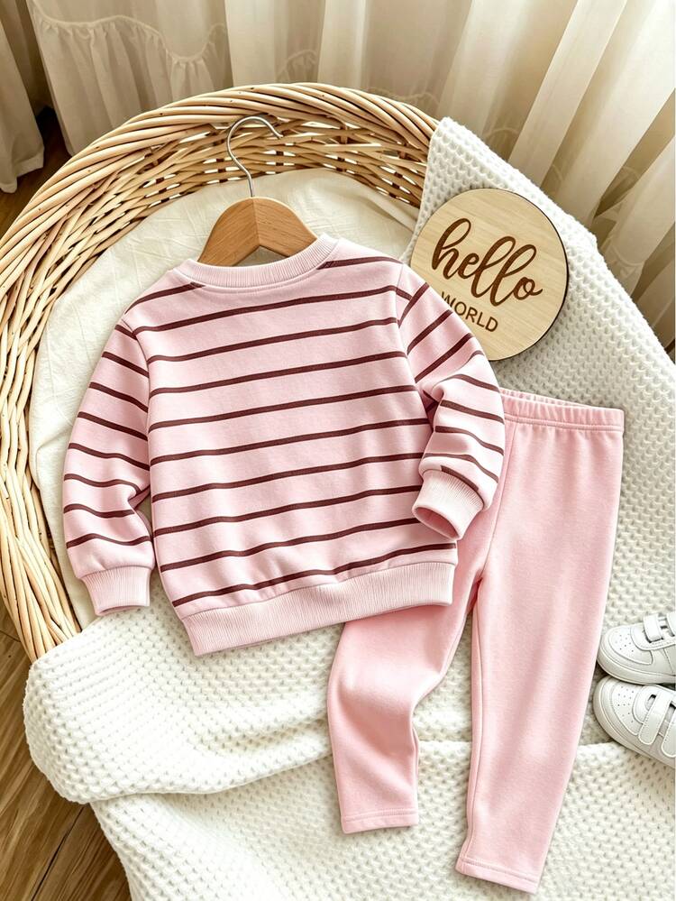 2pcs/Set Baby Girl's Pink/Brown Striped Print Crew Neck Long Sleeve Sweatshirt And Leggings Set, Suitable For Autumn/Campus/Back To School/Daily Wear - White - View 3