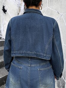 Jeanoix Jaket Denim Pendek Berkerah Lengan Panjang Ukuran Plus Gaya Y2K dengan Satu Kancing dan Sabuk, Atasan Crop Top dengan Bagian Perut Terbuka - Medium Wash - View 2