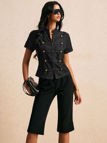 Poéselle Women's Fashion Double-Breasted Short Sleeve Denim Top - Black - View 6