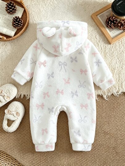 SHEIN Vintaside Kids رومبير بقلنسوة من الفلانيل بطبعة فيونكة للبنات الرضع، ملابس كاجوال لطيفة للارتداء اليومي، مناسب للخريف/الشتاء