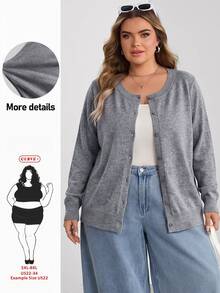 SHEIN CURVE+ 大尺碼休閒純色圓領長袖寬鬆女款冬季上衣 - 灰色 - 查看 3