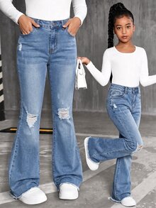 SHEIN ChillGRL TWEEN GIRLS 青少年女孩牛仔褲，復古水洗色，街頭時尚，破洞撕裂下擺，喇叭褲腿款，百搭時尚新品 - 淺色水洗藍 - 查看 3