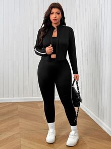 SHEIN EZwear Plus Size Cropped Jacket & Leggings 2pcs Set - Black - View 4