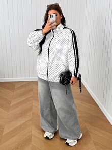 SHEIN EZwear 大尺碼秋季休閒寬鬆白色印花夾克外套，適合夜店與辦公室穿著 - 紅色 - 查看 6