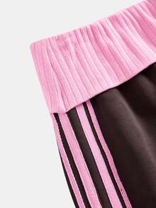 SHEIN Tween女孩冬季街頭風休閒返校穿搭 Y2K 復古日常款 羅紋針織白色收口褲 法式灰色喇叭褲 - 咖啡棕 - 查看 3