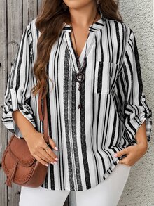 EMERY ROSE Plus Size Casual Striped Shirt, Autumn Fall - Black and White - View 1