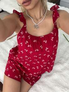 CottageSlumber Romantic Burgundy Bow Print Ruffle Trim Camisole & Shorts Pajama Set - Burgundy - View 6