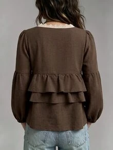 LUMIGAL Spring/Autumn Women's Lace V-Neck Ruffle Lantern Sleeve Casual Boho Blouse Dating Everyday Commuting Party Brown - Brown - View 2