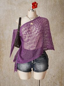 SHEIN ICON 女款大尺碼不對稱下擺流蘇設計寬鬆針織上衣 - 紫色 - 查看 5