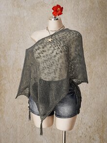 SHEIN ICON 女款大尺碼不對稱下擺流蘇設計寬鬆針織上衣 - 灰色 - 查看 3