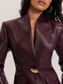 SHEIN BAE Blazer Kasual Wanita Warna Polos dengan Kancing Logam Tunggal untuk Perjalanan Sehari-hari - Burgundy - View 8