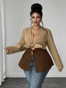 Maweii Blus Wanita Ukuran Besar Elegan dengan Desain Vintage, Potongan Pas Badan, Terbuat dari Campuran Wol, Cocok untuk Pesta, Santai, Perjalanan, dan Belanja. - MultiWarna - View 3