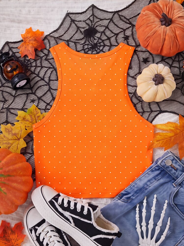 SHEIN EZwear Women's Halloween Party Skull Polka Dot Print Crop Top Camisole, Sexy Fitted, Suitable For Halloween Wear - Multicolor - View 2