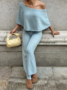 TRNVIE Women's Blue Casual Versatile Daily Home Commute Outfit Shawl Cape Fashion Versatile Sweater 2 Pieces Set - Blue - View 4