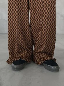 FRIFUL Women's Checkerboard Pocket Wide Leg Loose Casual Vintage Long Pants School Brown Checkered Autumn - Rust Brown - View 2
