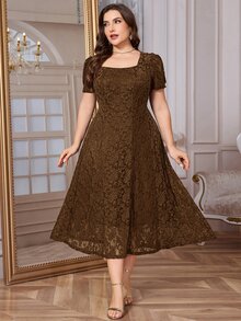 SHEIN Clasi 大尺碼女款方領時尚派對洋裝 - 咖啡棕 - 查看 3
