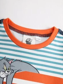 TOM & JERRY X SHEIN طقم ملابس منزلية ضيق للأطفال الذكور بطباعة كرتونية وخطوط ملونة - أزرق بحري - مشاهدة 3