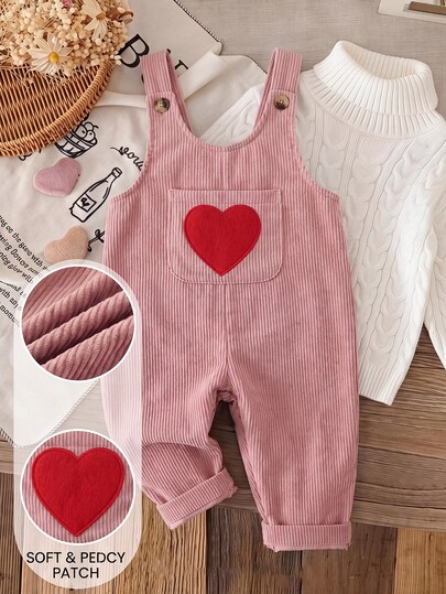 SHEIN Babygirl Cute Versatile Pink Corduroy Heart Pattern Romper