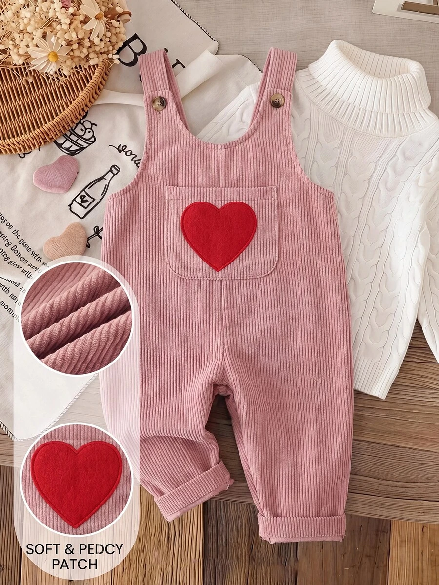 SHEIN Babygirl Cute Versatile Pink Corduroy Heart Pattern Romper - Pink - View 1