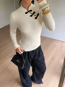 Siren Gaze Women's Chinese Style Fitted Long Sleeve Sweater With Frog Button Design - White - View 6