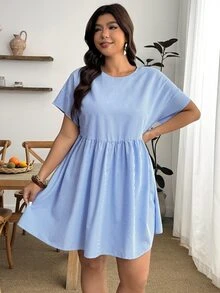 Enliva 大尺碼女款春夏時尚休閒寬鬆舒適透氣日常百搭顯瘦藍色條紋短袖襯衫洋裝，女款襯衫洋裝，夏季穿搭，極簡風，可愛曲線服飾 - 寶藍色 - 查看 8