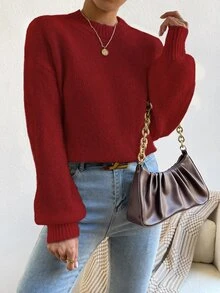 SHEIN 女款秋冬優雅酒紅色圓領羊毛混紡針織燈籠袖套頭毛衣，適合日常購物、休閒、度假、旅行、約會 - 酒紅色 - 查看 4