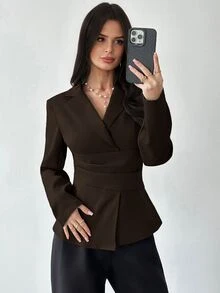 Firerie 女款素色休閒通勤西裝外套 - 棕色 - 查看 4