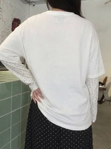 Dazy Plus Pattern Printed Contrast Lace Sleeve Layered Casual Korean Style White T-Shirt For Girls - White - View 2