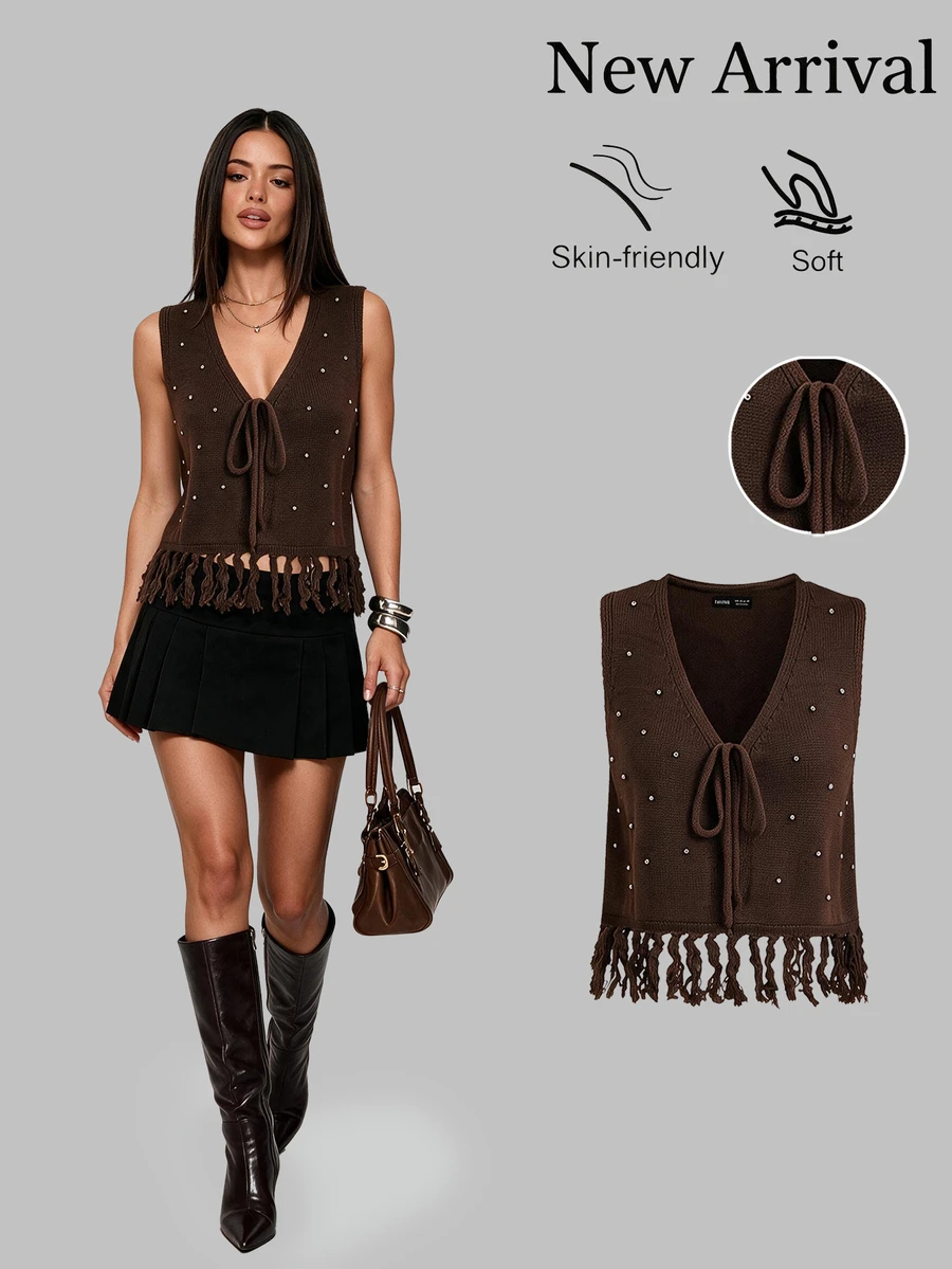 Sweetra Rompi Rajut Vintage Berenda Manik-Manik Maillard Brown - Coffee Brown - View 1