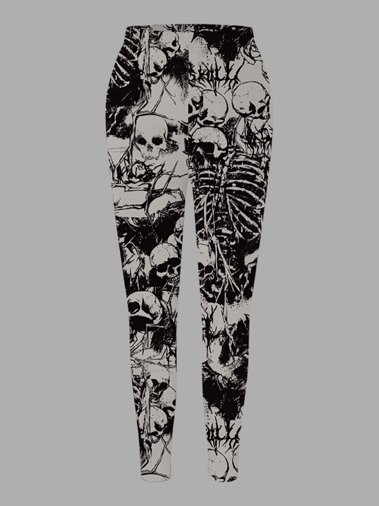 Breezaya Plus Size Women Halloween Gothic Skeleton Skull All Over Print Leggings, High Stretch Slim Fit, Punk Party Costume Dark Grunge Going Out Pants - Multicolor - View 7