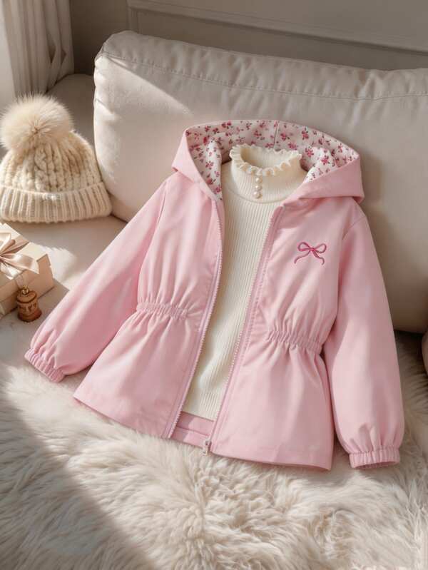 1pc Baby Girls Solid Color Minimalist Cinched Waist Design Casual Floral Print Hooded Jacket, Suitable For Autumn And Winter Wear, Perfect For School, Outdoor Activities, Family Gatherings, Providing Warmth And Comfort