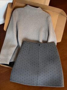 GlowEve 舒適針織羅紋蝴蝶結裝飾復古毛衣風內搭打底上衣 T-shirt 套裝 波點圖案 法式通勤百搭時尚派對出遊女款兩件套 - 彩色 - 查看 2