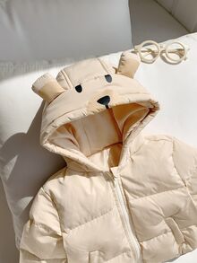 SHEIN 男嬰卡通動物圖案圓領連帽長袖鈕扣開襟夾克 - 卡其色 - 查看 3