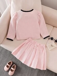 Toddler Girls Set Polyester Round Neck Long Sleeve Button Front Bow Short Regular Fit Jacket Set Fall/Winter Multicolor - Multicolor - View 2
