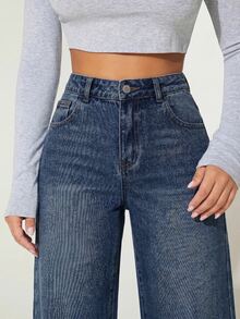 SHEIN PETITE 女款時尚街頭鈕扣口袋牛仔長褲 - 深色水洗藍 - 查看 5