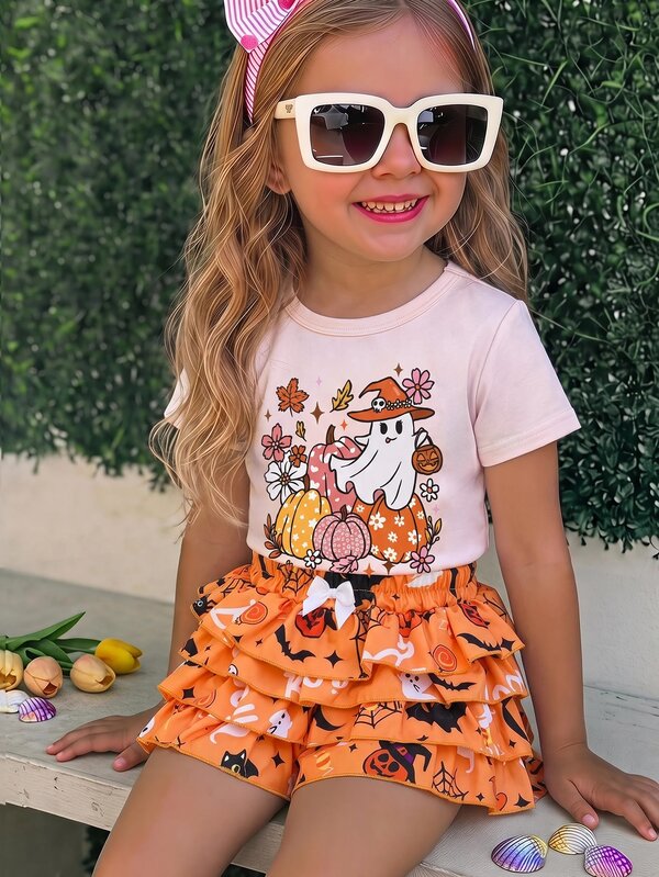 SHEIN Kids Young Girl Knit Solid Color Pattern Round Neck Casual T-Shirt And Ruffle Hem Shorts 2-Piece Set Back To School
