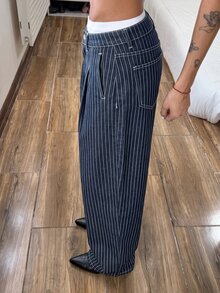 StreetHx Celana Jeans Denim Lipit Pinggang Rendah Super Lebar Gaya Jalanan Kasual Modis - Dark Wash - View 2