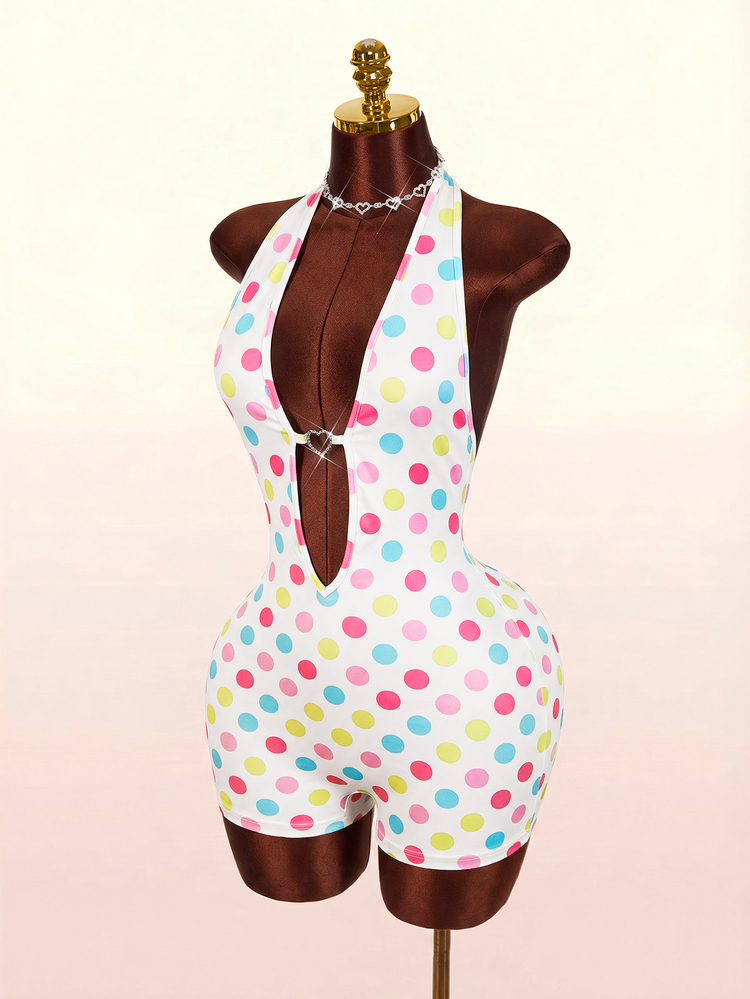 Bumpella Women's Polka Dot Print Deep V Sexy Halter Neck Fitted Romper - White - View 2