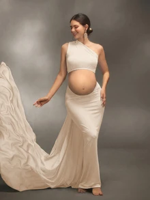 Cheriluna Maternity فستان أنيق بشريط انسيابي لتصوير الحمل، فستان حفلة تعميد الطفل - لون مشمشي - مشاهدة 5
