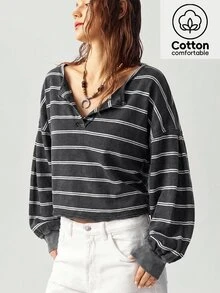 Bohemela Women's Striped Drop Shoulder Long Sleeve Casual Loose Sweatshirt - Black and White - View 7